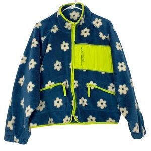 Urban Outfitters Stormi Fleece Jacket Womens Size Large UO Blue Floral Neon Zip
